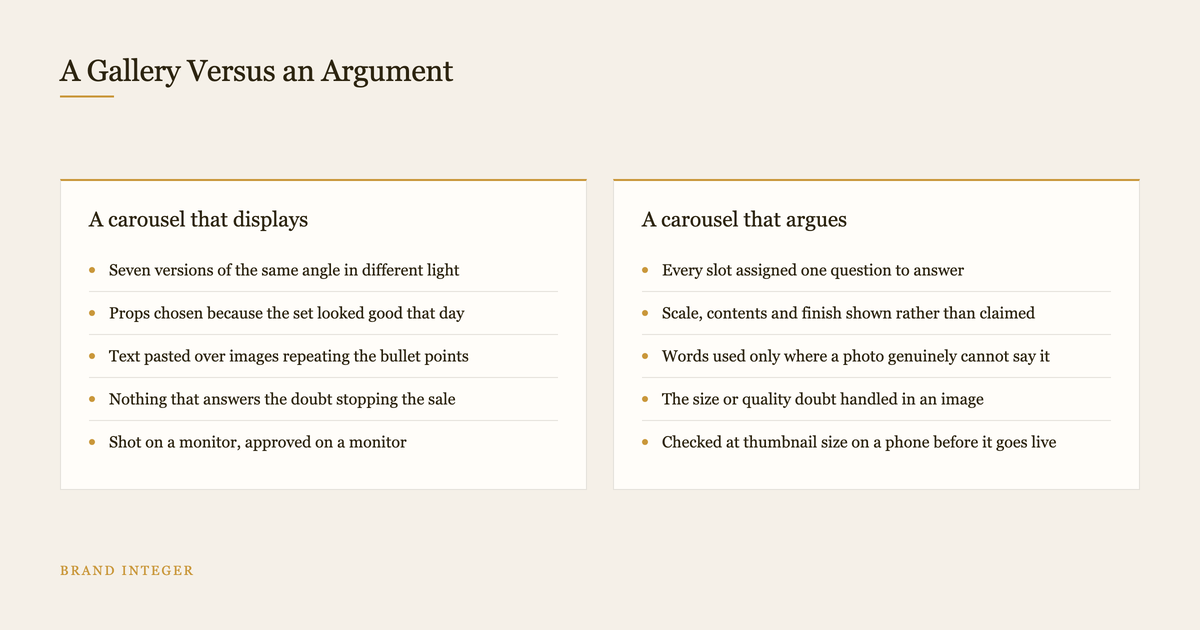 Two column comparison of a listing carousel that merely displays versus one that argues