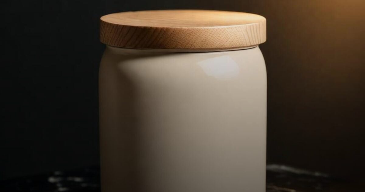 A single plain unlabeled ceramic jar with a wooden lid lit alone against a dark background