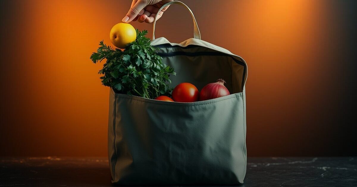 A hand dropping a lemon into an insulated grocery delivery bag holding coriander, tomatoes and an onion