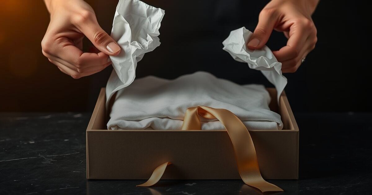 Hands parting tissue paper over a folded garment inside an open box with a gold ribbon