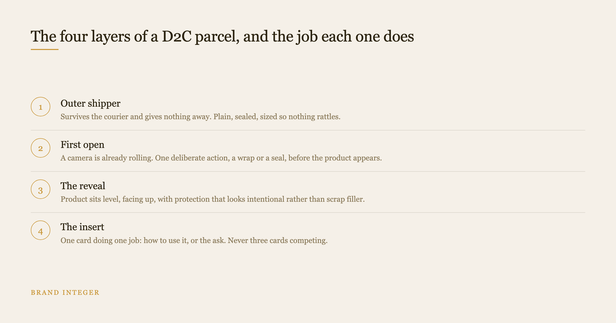 Four ordered layers of a D2C parcel and the job each layer performs