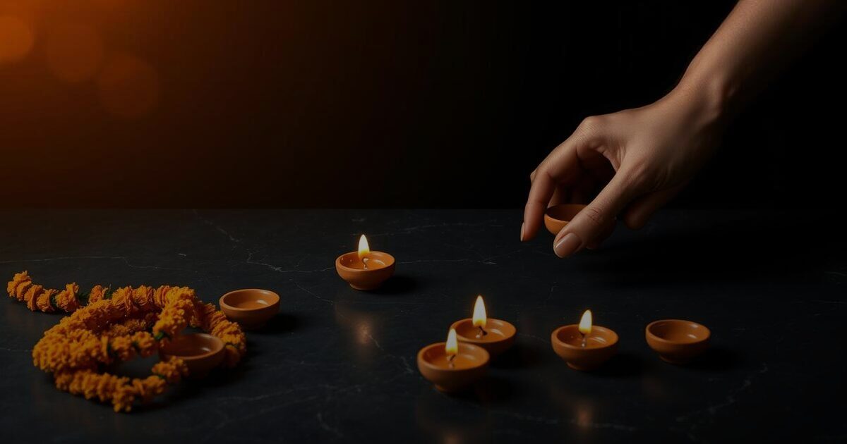 Hands arranging small terracotta oil lamps beside marigold flowers, one lamp already lit