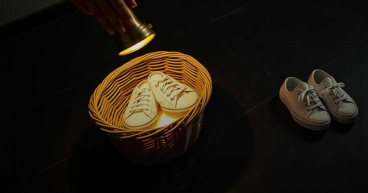 A brass spotlight shining on white sneakers in a wicker basket, a second pair in shadow