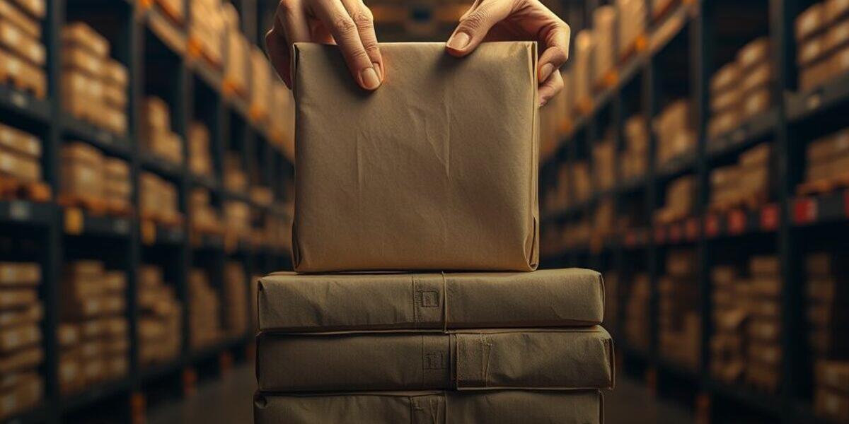 Hands placing a wrapped parcel onto a stack in a warehouse, representing fulfillment reliability on Flipkart