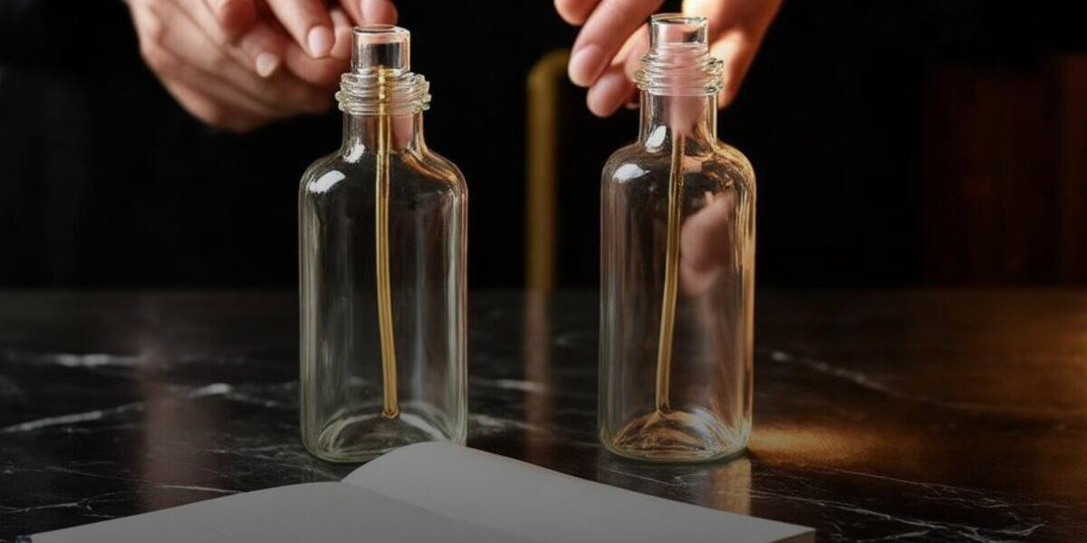 A founder's hands comparing two unlabeled glass sample bottles side by side on a desk
