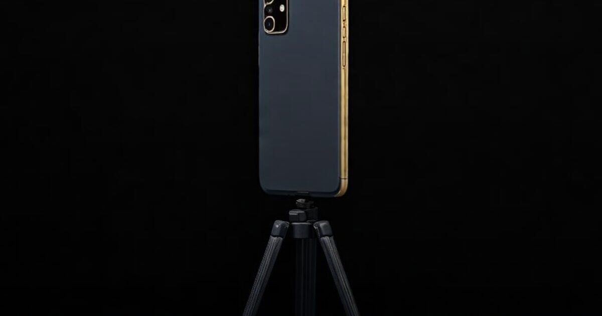 A vertical smartphone seen from the back, mounted on a small tripod against a plain dark background