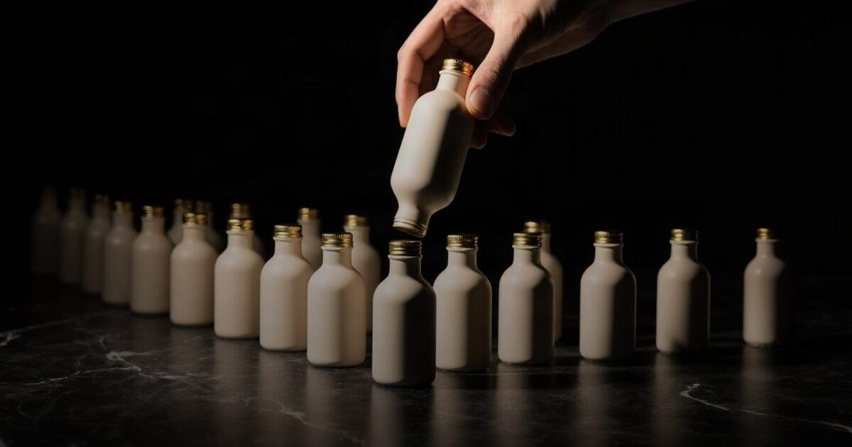 A hand lifting one plain cream bottle out of a long row of identical bottles