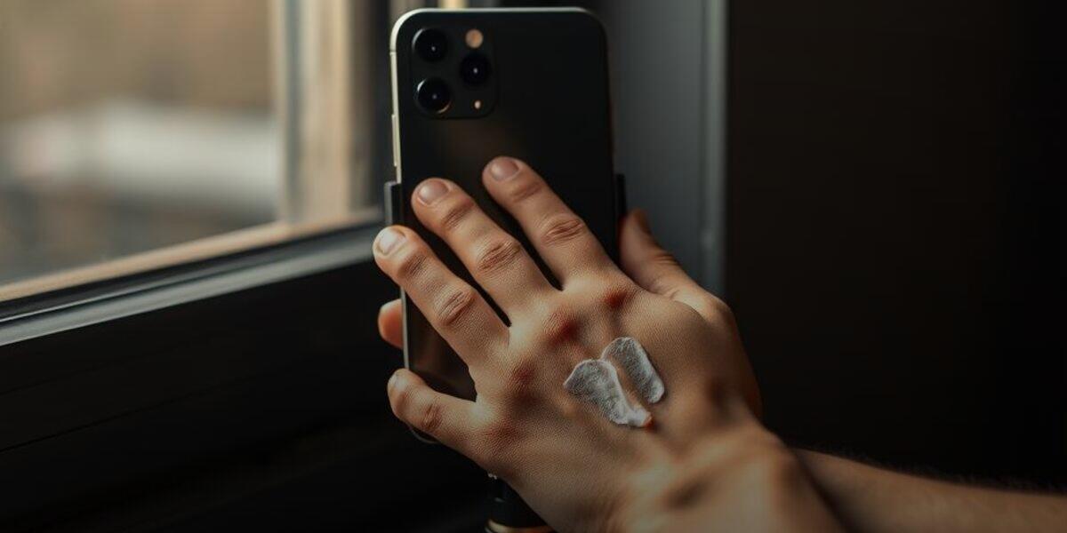A creator filming a product demo, applying cream to the back of their hand in front of a phone mounted on a tripod by a window