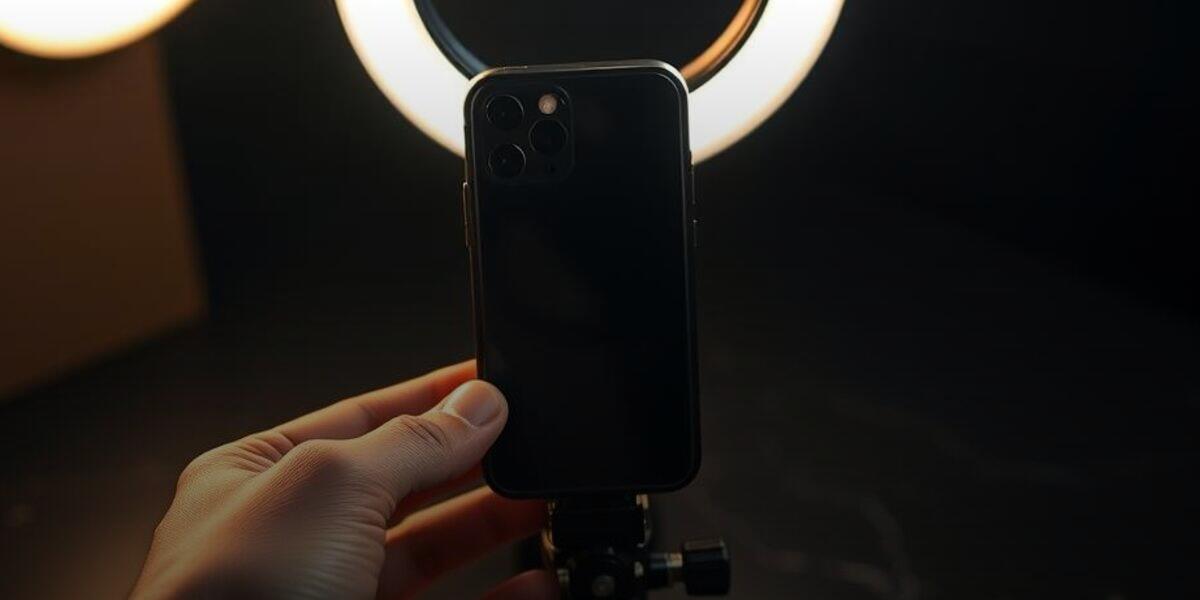 A creator's hand adjusting a phone mounted on a tripod in front of a glowing ring light