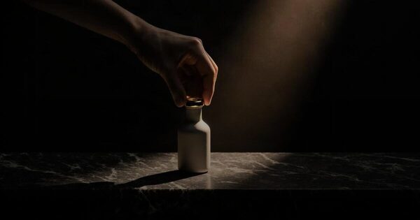 A hand lowering a single plain unlabelled bottle onto an empty dark stone shelf