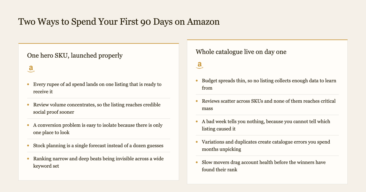 Two column diagram comparing launching one hero SKU against listing a full catalogue on Amazon