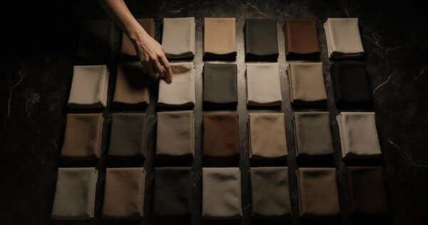 A hand lifting one folded textile out of a dense grid of many similar folded pieces