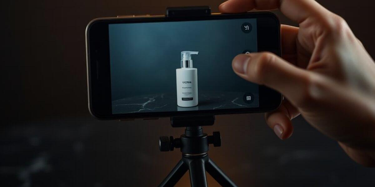 A creator filming a skincare product on a smartphone mounted on a tripod
