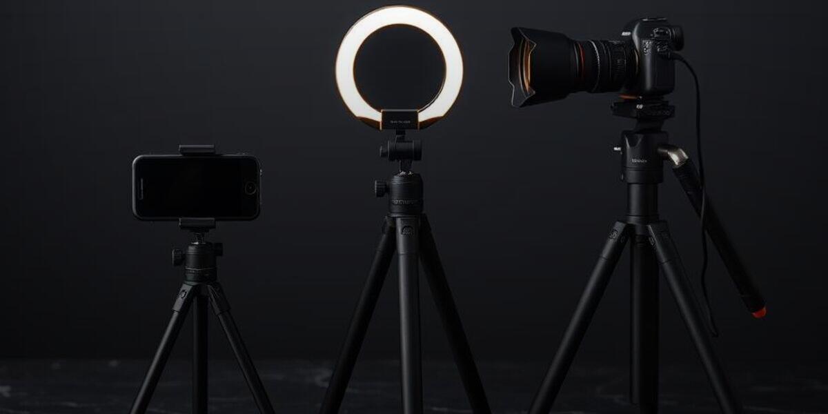 Three content-creator setups of ascending scale, from a simple phone stand to a full camera and lighting rig