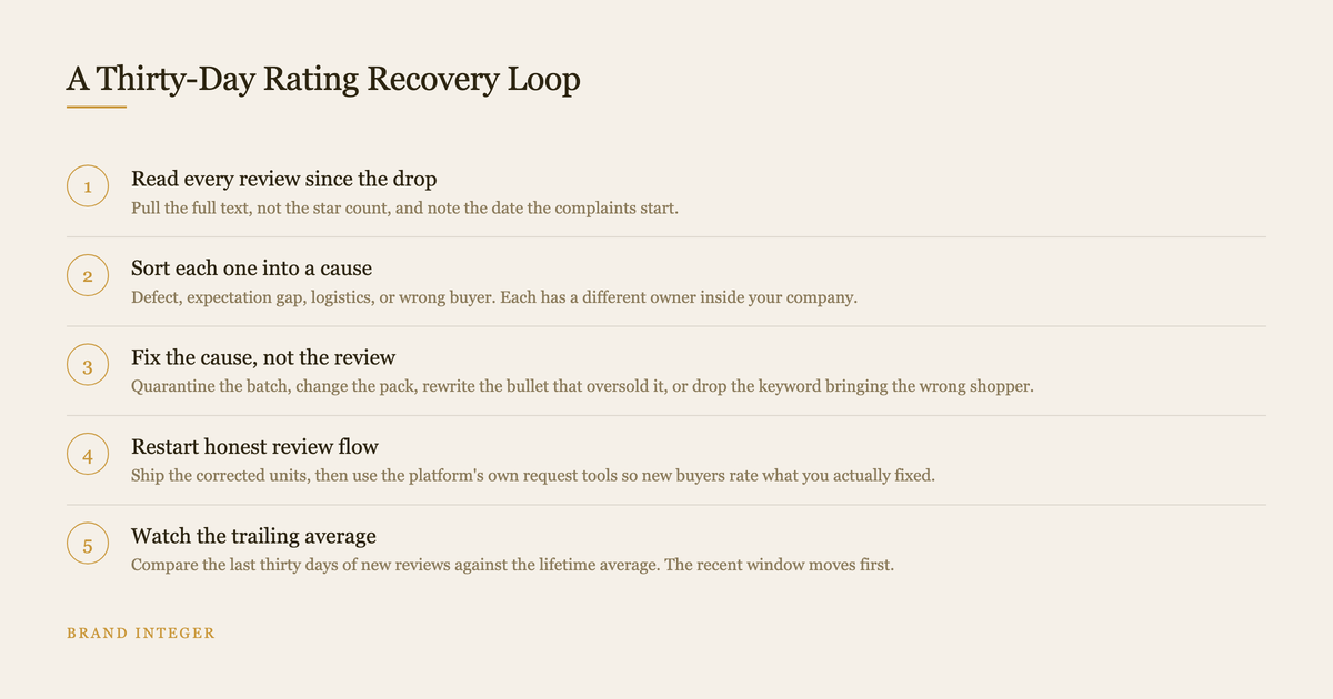 Five ordered steps for recovering a marketplace product rating over thirty days