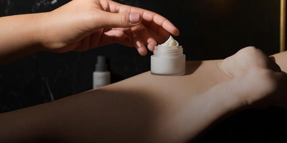 A hand smoothing a dab of cream onto the back of a wrist, a small unlabeled bottle blurred in the background, in a soft skincare routine moment