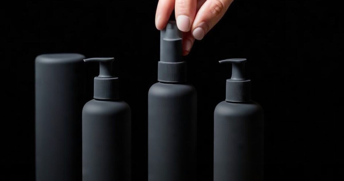 A hand lifting one plain unlabeled bottle forward from a row of three identical bottles