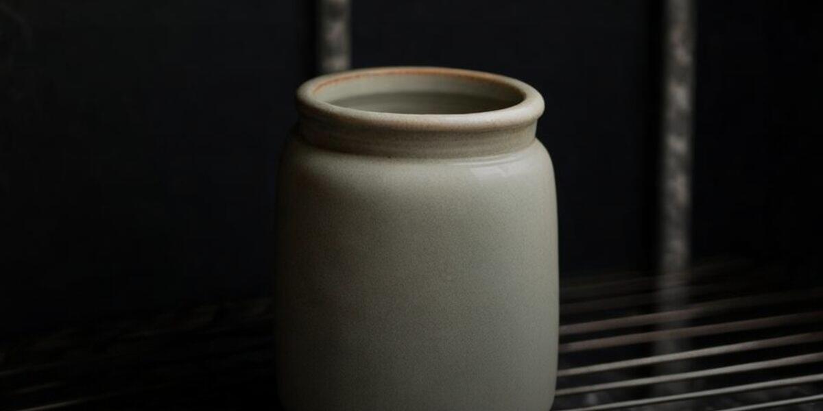A single plain unlabeled ceramic jar standing alone on an otherwise empty metal wire shelf