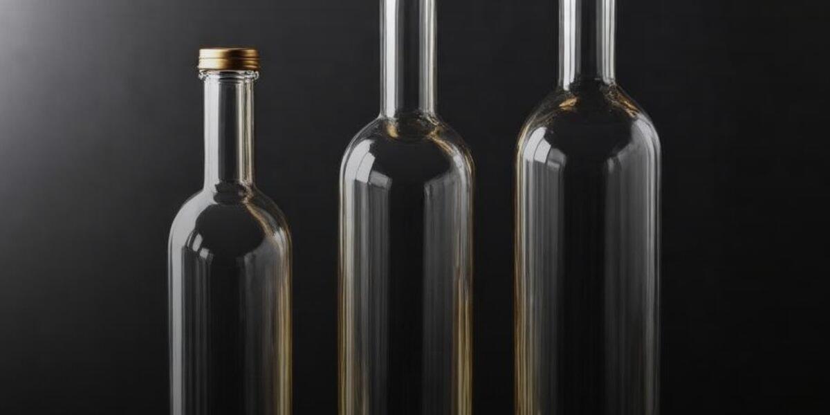 Three plain unlabeled glass bottles of different sizes standing in a row on a dark surface