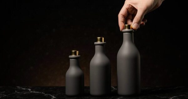 A hand lifting one of three plain unlabelled bottles arranged in ascending pack size