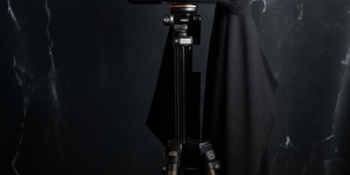 A camera on a tripod, shown from the back, aimed at a garment hanging against a plain backdrop while a stylist adjusts the sleeve