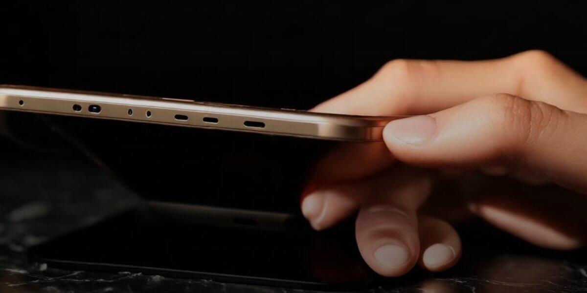 A close-up side view of a hand typing on a smartphone with a dark screen, warm gold light along the phone's edge