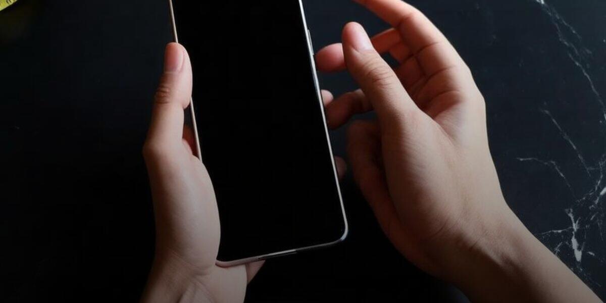 Two hands close together, one offering a smartphone with a dark screen toward the other
