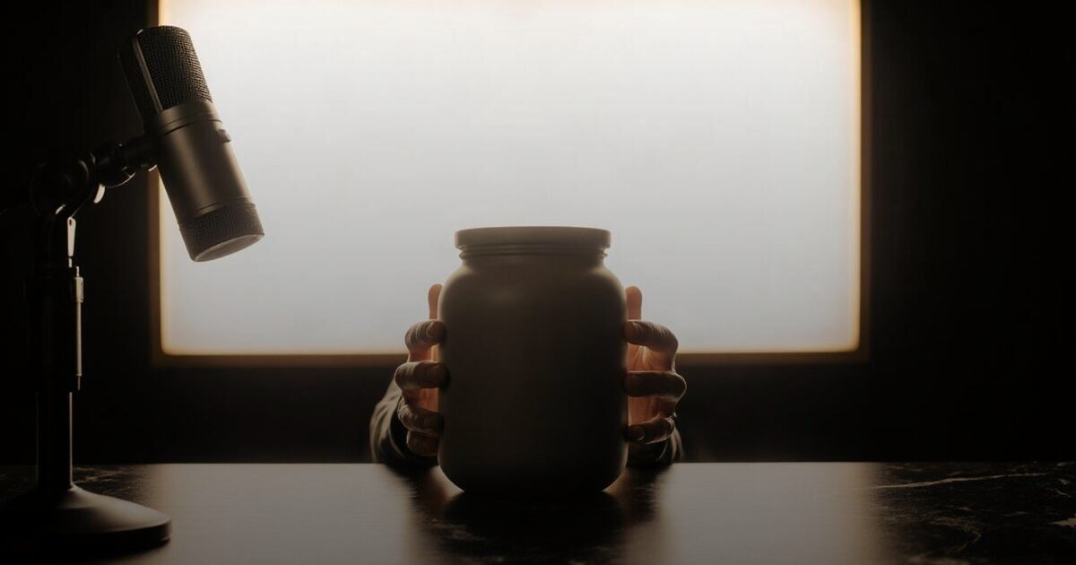 Two hands holding a plain unlabelled jar beside a studio microphone under a backlight